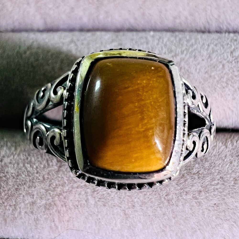 Vintage 925 Silver Filigree Ring Brown Rectangular Tiger's Eye Bezel Set
